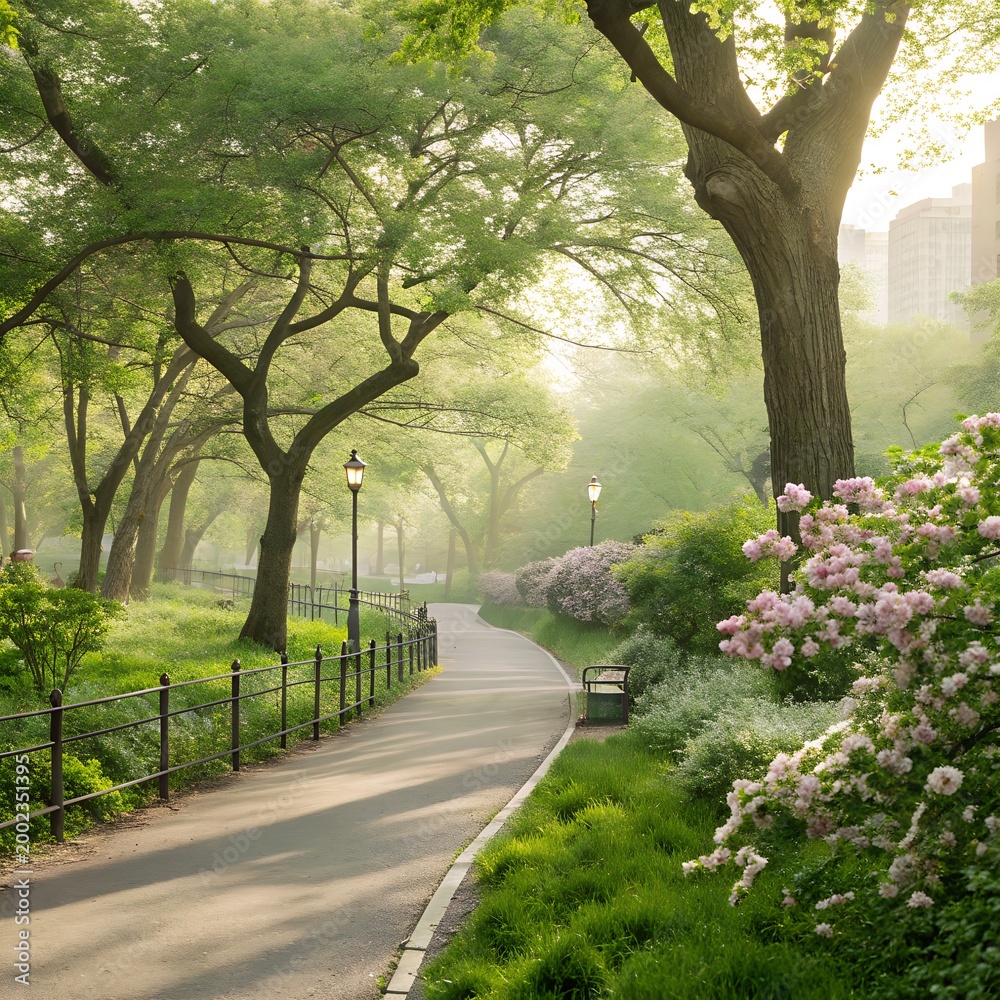 Fototapeta premium Serene morning path through a lush city park in spring