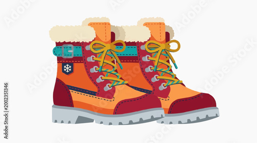 Stylish winter boots exude warmth and rugged sophistication, perfect for navigating snowy landscapes. The boots showcase an eye-catching color palette of oranges, burgundy and green.