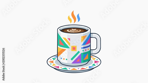 A steaming coffee cup with vibrant geometric designs sits on a matching saucer. The coffee, emitting wisps of steam, invites a moment of warmth and comfort.