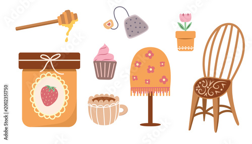 Cozy tea time set with cupcake and honey dipper