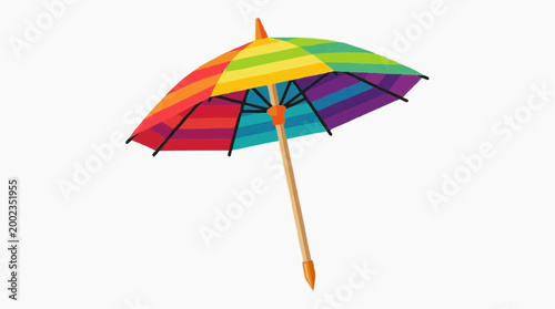 A vibrant rainbow umbrella, open and ready for a sunny day or sudden showers, brings a splash of color and cheer.