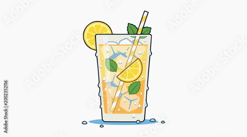 A refreshing lemonade or citrus drink with ice, straw, lemon slice, and mint leaves, a perfect summer drink.