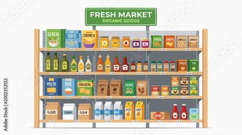 A meticulously arranged supermarket shelf, brimming with a diverse array of colorful and fresh food items, beckoning shoppers with an appeal to taste and quality. 