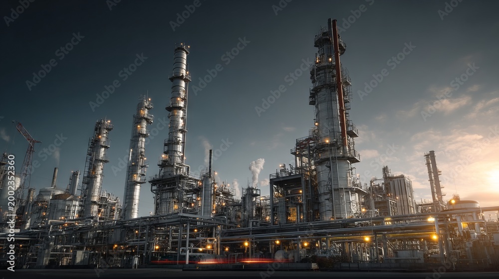 Obraz premium Tall Refinery Facility with Distillation Towers Against a Sunset Sky