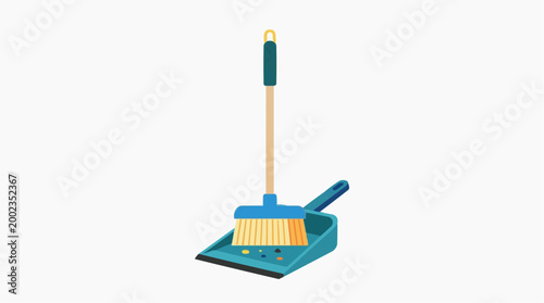 An illustrated scene of a broom and dustpan, perfectly representing the tools of cleaning. 
