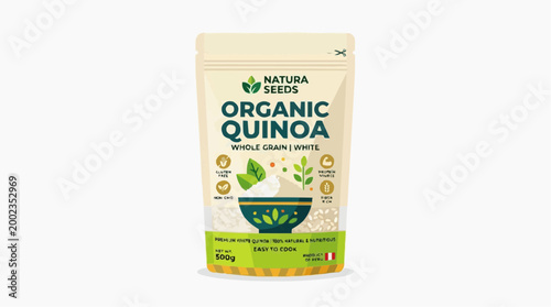 A close-up shot of a packet of organic quinoa, beautifully packaged and ready for use. Showing the health benefits of this versatile grain.