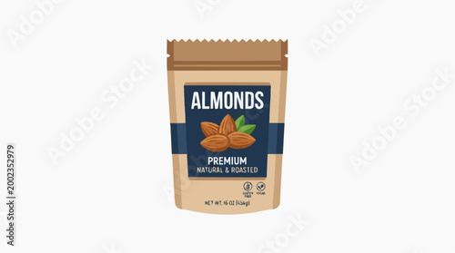 A sealed bag of premium almonds, offering a health snack in a photorealistic and inviting packaging. The bag showcases the deliciousness of natural and roasted nuts.