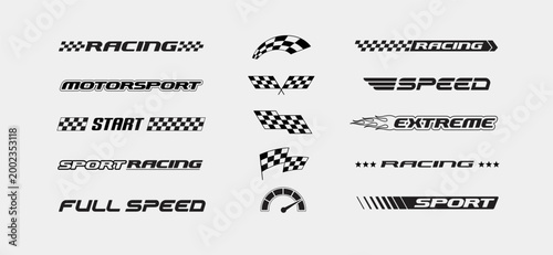 Editable vector Racing graphics and motorsport typographycs signs.. Racing sport elements set of stripes, finish flags, sport signs, flames decals, dynamic elements, sport car stickers and decals
