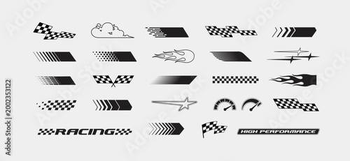 Set of Racing graphics and motorsport signs. Racing stripes, finish flags, sport signs, flames decals, dynamic elements. Sport graphics for racing banner, stickers and decals design editable vector 