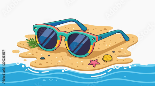 A vibrant pair of sunglasses, resting invitingly on a sandy beach, evokes the warmth and fun of a summer day. Capturing the essence of leisure, this scene promises relaxation and adventure. 