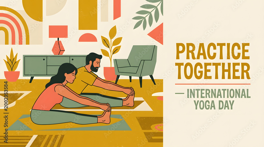 Fototapeta premium Couple man woman practice yoga together international yoga day home workout fitness health wellness life art illustration