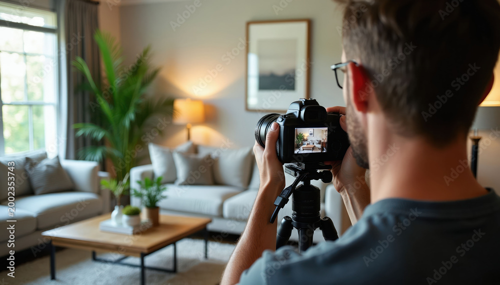 Male photographer takes pro photos of modern living room interior decor. Man uses camera on tripod to shoot stylish home furnishings, furniture, and design elements for real estate.