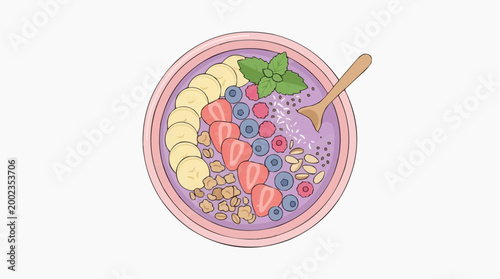A visually appealing, hand-drawn illustration showcases a vibrant and delicious breakfast bowl, bursting with a medley of fresh, colorful, and nutritious ingredients.