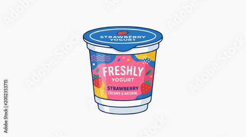 A vibrantly illustrated yogurt cup, bursting with freshness and flavor, beckons the viewer to indulge in a delightful treat. The charming design promises a sweet and satisfying experience.