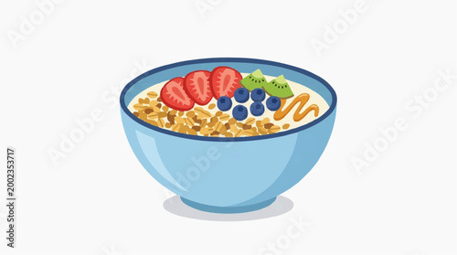 A tempting visual of a vibrant breakfast bowl, artistically styled, features a hearty blend of fresh oats and a mix of colorful, appetizing toppings.