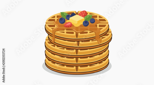 Golden waffles drizzled with syrup and topped with fresh berries and butter, a delicious breakfast indulgence, and food photography in high definition.