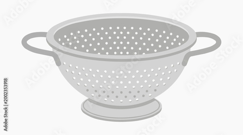 A photorealistic studio shot that focuses on a kitchen essential, a shiny, perforated colander, expertly capturing its utility and aesthetic appeal.