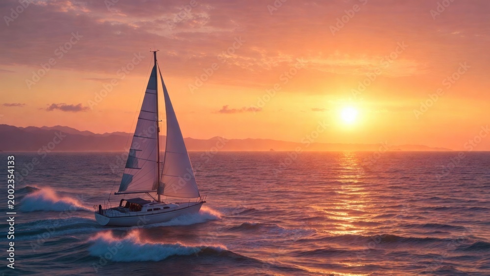 Fototapeta premium Sailboat cutting through waves at sunset over open sea