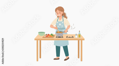 A woman diligently cooking a delicious meal in a well-lit kitchen, with a cutting board of fresh vegetables and seasoning on the table. 