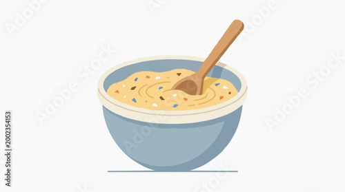 A comforting illustration of a bowl of creamy porridge, swirled with various grains and textures, perfectly paired with a wooden spoon, perfect for a cozy morning.