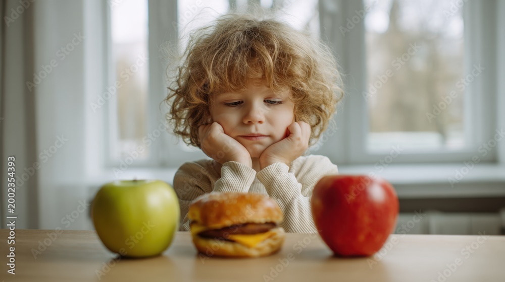 Fototapeta premium Young curly-haired child in white sweater contemplating healthy apples and a cheeseburger on a wooden table by a bright window indoors