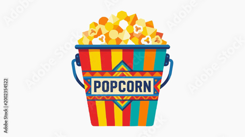 A vibrant, colorful bucket brimming with freshly popped popcorn. a true visual treat.