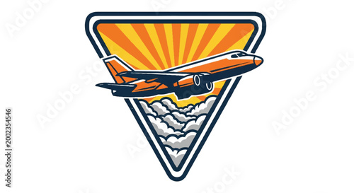 Airplane taking off illustration against a triangle with rays and clouds