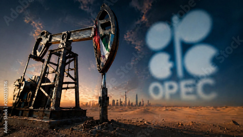 Oil pump jack and glowing opec logo in desert landscape with city skyline under dramatic sky.