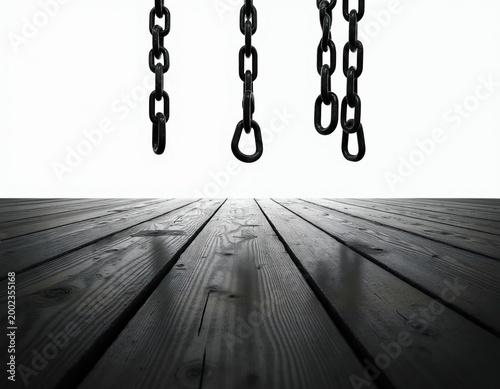 Three black metal chains hang above a dark wood floor. The composition creates a stark, minimalist, and slightly mysterious atmosphere. Its clean lines and contrast make it versatile.