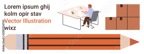Office management, productivity, logistics, business tools, creative workspace, and organization. Person sitting at a desk, cardboard boxes and a pencil. Productivity and office management concept
