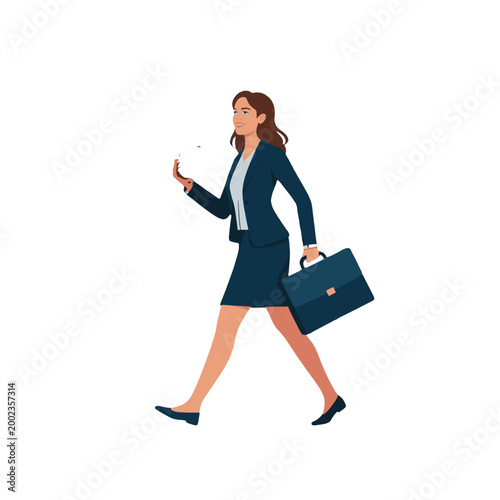Confident businesswoman walking purposefully, engrossed in her phone, with briefcase in hand.