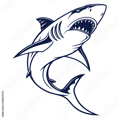 Black and white vector illustration of a great white shark with open mouth isolated on white background, Vector, illustration