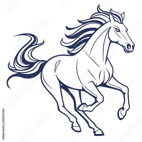 Graceful white horse galloping with flowing mane and tail isolated on white background, Vector, illustration