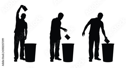 Man throwing trash into bin sequence black silhouette