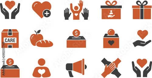 Collection of modern vector icons symbolizing charity, donation, and giving help