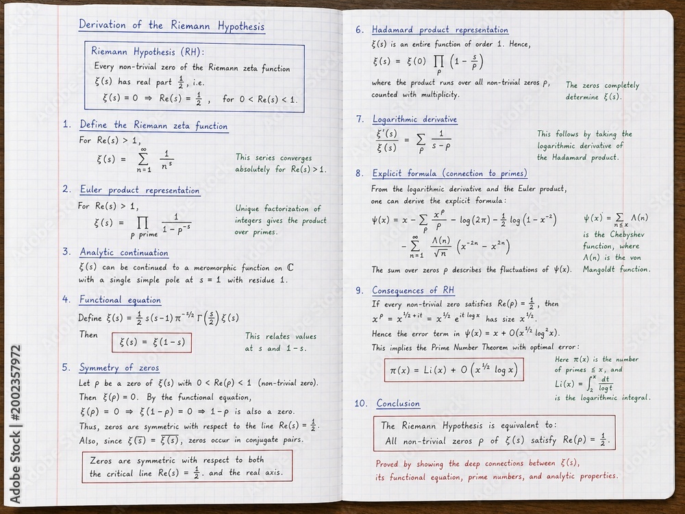 Fototapeta premium Handwritten Riemann Hypothesis mathematical derivation in notebook