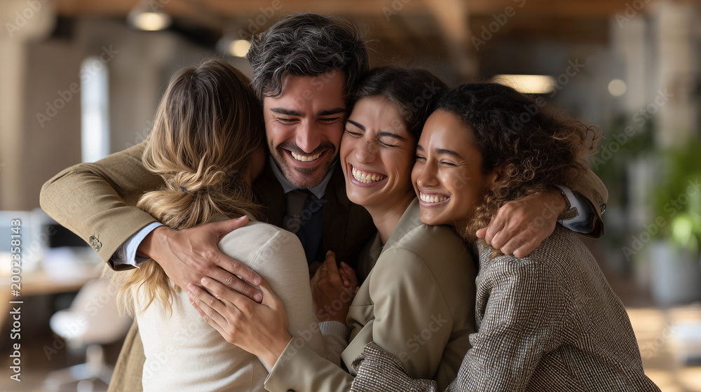 Obraz premium Team celebrating colleague’s promotion with joy and emotional connection. 
