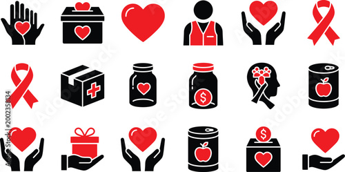 A comprehensive collection of red and black icons symbolizing charity, donation, philanthropy, and community assistance.