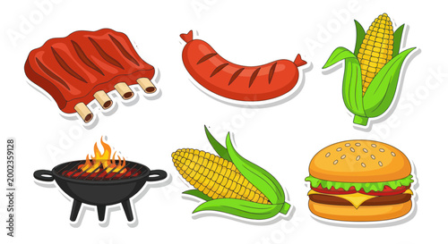 BBQ Food Set: Ribs, Sausage, Corn, Burger, and Grill