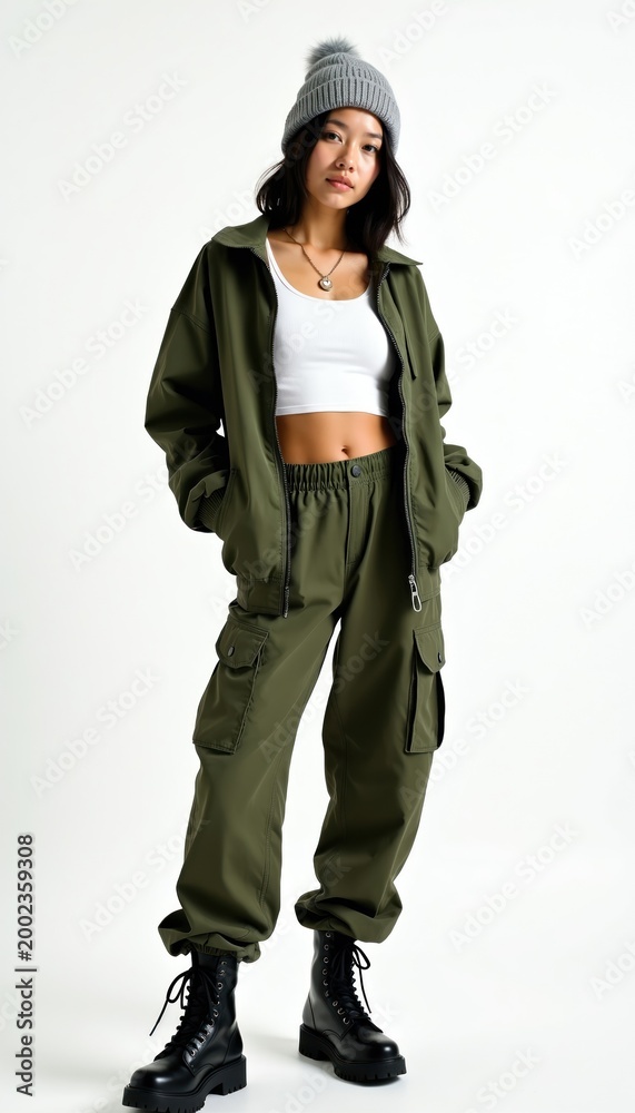 Fototapeta premium Young Asian woman wears fashionable olive cargo pants and white crop top. She poses in studio wearing grey beanie and bomber jacket. Style is urban hip hop.
