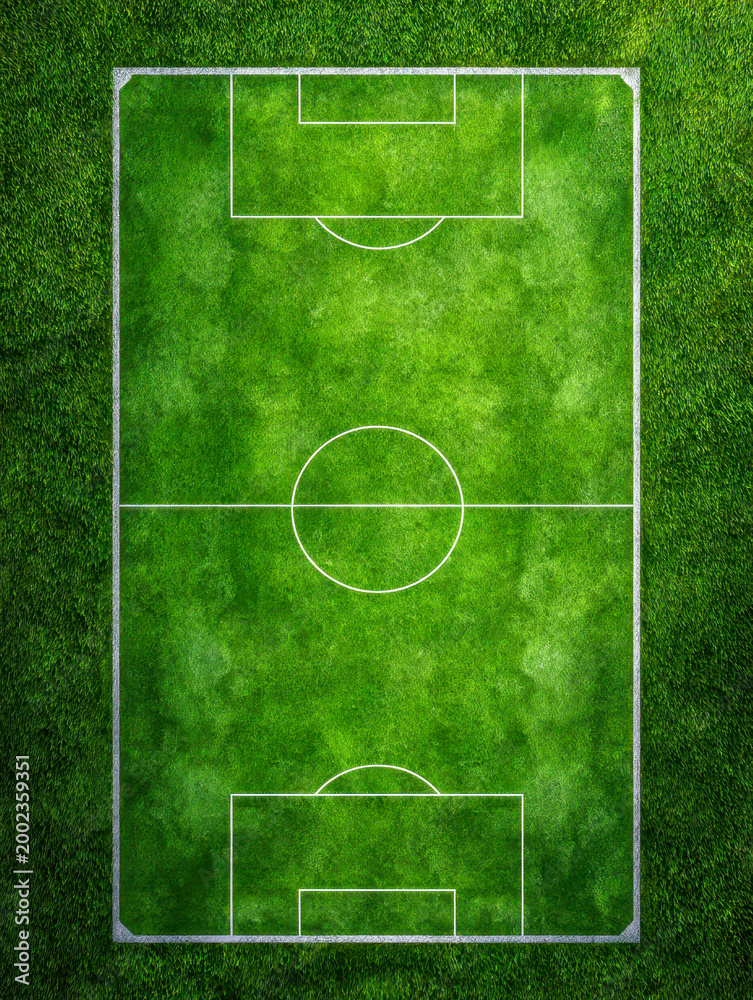 Fototapeta premium Aerial view of a vibrant green soccer field with clear white markings on lush grass under sunlight for sports and outdoor activities concept