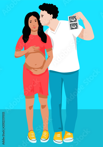 Pregnant woman stroking her belly while her partner holds a sonogram of their future baby. Expectant parents. Vector illustration.