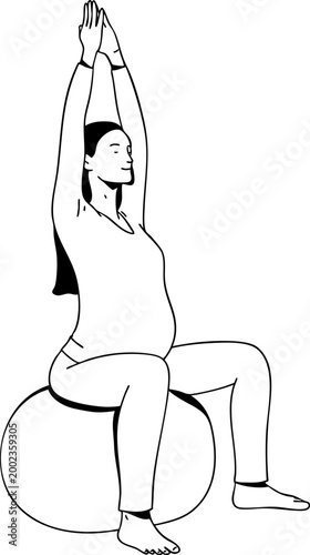 Pregnant woman doing exercises on a birth ball. Expectant mother sitting on a fitness ball with arms raised. Vector illustration. Black and white illustration.