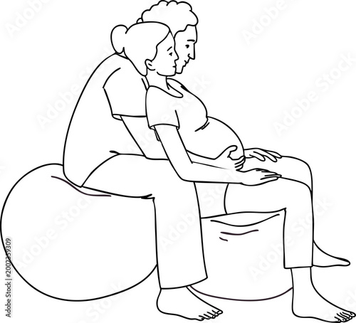 Man helping his pregnant partner perform an exercise on a birth ball. Partnered childbirth preparation. Black and white vector illustration.
