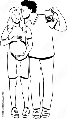 Pregnant woman stroking her belly while her partner holds a sonogram of their future baby. Expectant parents. Vector illustration. Black and white illustration.