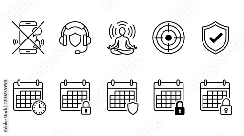 Set of Productivity and Security Outline Icons for Business Applications