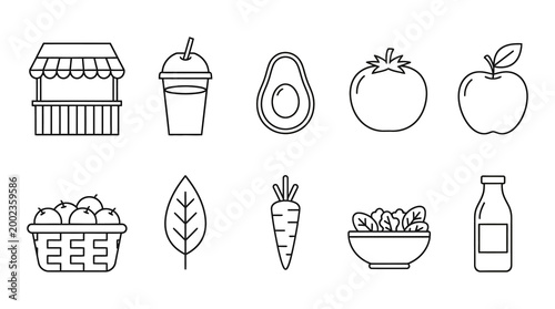 Set of Healthy Organic Food and Grocery Store Vector Outline Icons