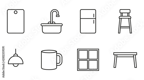 Minimalist Kitchen Furniture and Appliances Line Icon Set