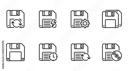 Set of Floppy Disk Data Management and Storage Line Vector Icons