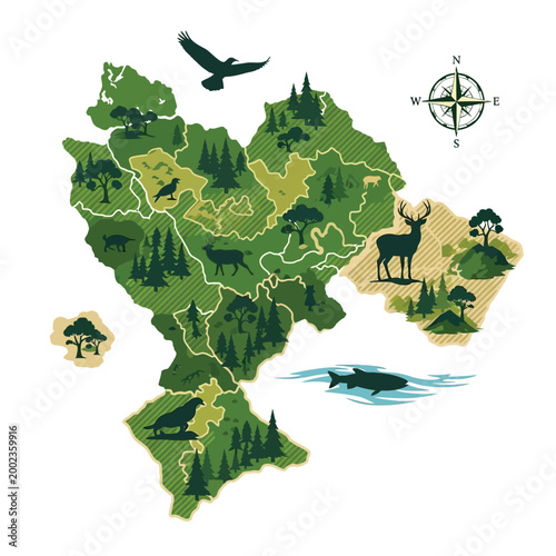 Stylized Map Illustrating Diverse Wilderness and Wildlife Habitats Across a Verdant Landscape with Various Animals and Natural Ecosystems
